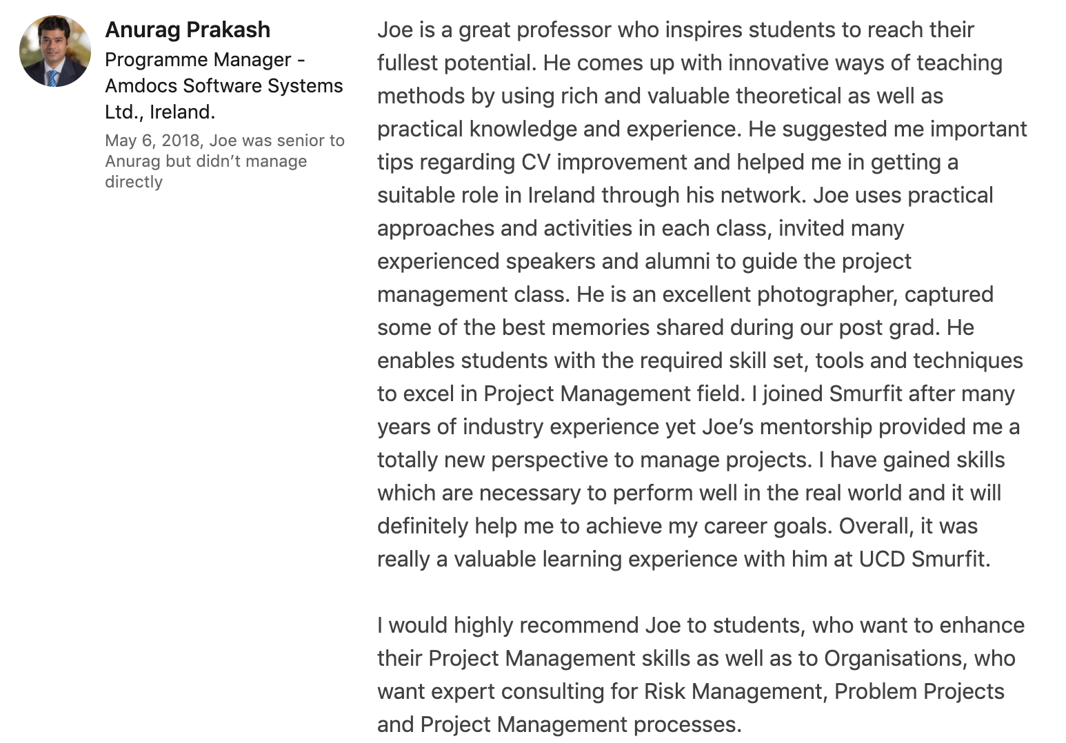 Testimonial - Anurag re teaching and consulting